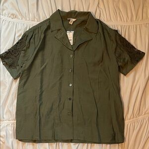 Cato Dark Green Button Down Shirt with Lace Sleeves